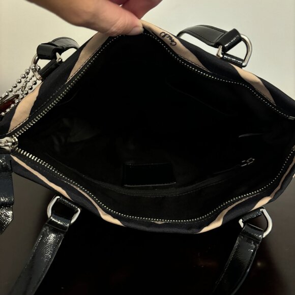 Coach Black & Tan Zebra Print Canvas Black Patent Leather Tote - Picture 7 of 10